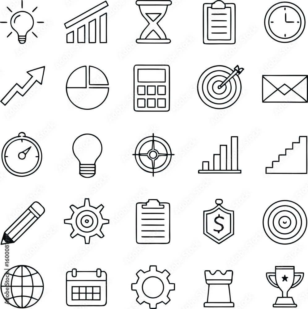 Poster clean outline business icon set isolated on transparent background