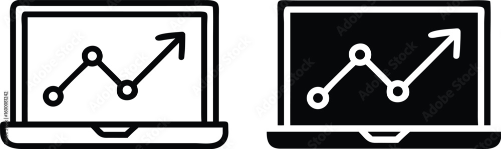 Aufkleber laptop with growth chart icons in black and white for data analytics and business concepts