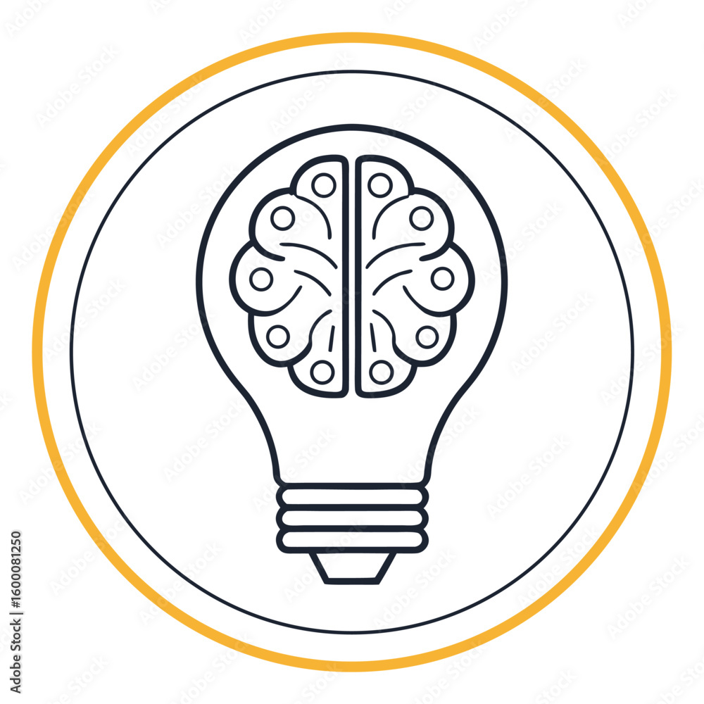 Poster outline of a lightbulb with a brain inside and yellow and black circular border idea thinking