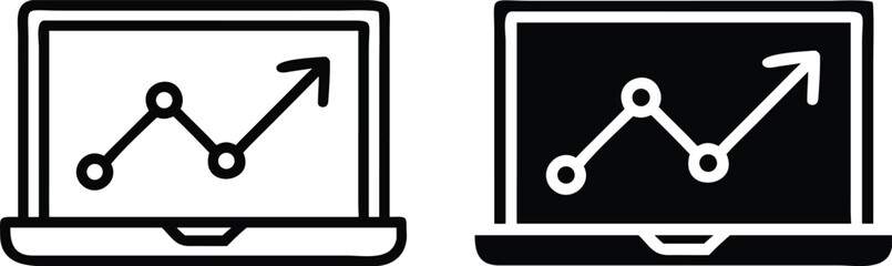 Laptop with Growth Chart Icons in Black and White for Data Analytics and Business Concepts