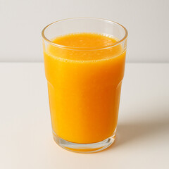 A clear glass filled with fresh orange juice on a table, with a soft focus background.