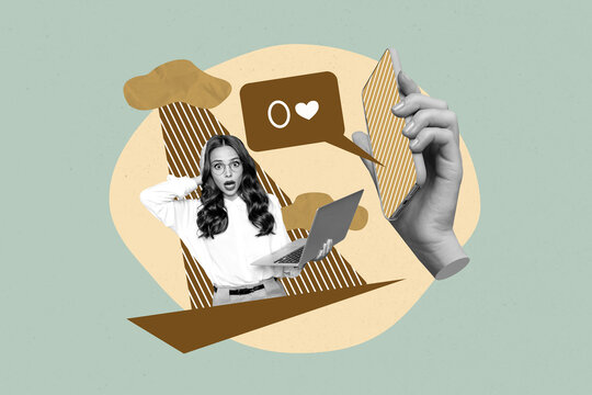 Creative banner collage of person use netbook with hand show cell phone zero likes on green background