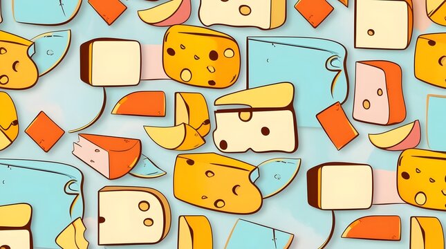Cheese Variety: A vibrant assortment of cheese pieces, meticulously arranged on a soft, watercolor-textured canvas, inviting a delightful sensory experience.