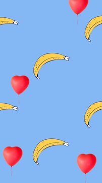 Animation of banana and hearts repeated over blue background