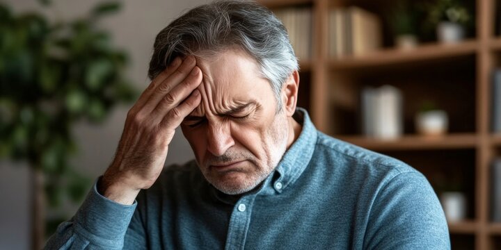 Grey-haired Senior Man Suffering From Tension, Stress, and Anxiety, Seeking Help for Health Issues - Powered by Adobe