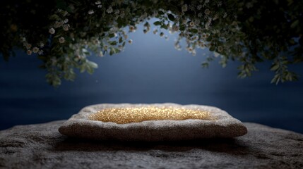 A small burlap sack filled with golden beads rests on a stone surface beneath flowering branches