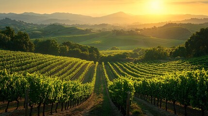 Fototapeta premium Golden Hour Sunset Over Lush Green Agricultural Fields