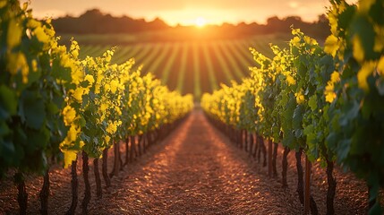 Naklejka premium Golden Hour Vineyard Scene Sunlit Grape Vines at Sunset