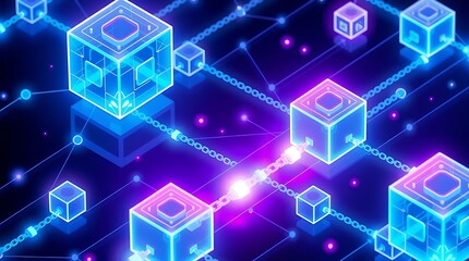 Digital block network showcases interconnected cubes in a luminous blue and purple glow representing modern technology and data transfer across systems.