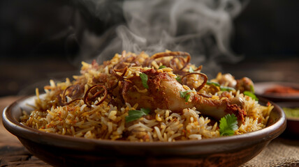 Steaming Chicken Biryani Close-Up with Spices and Herbs