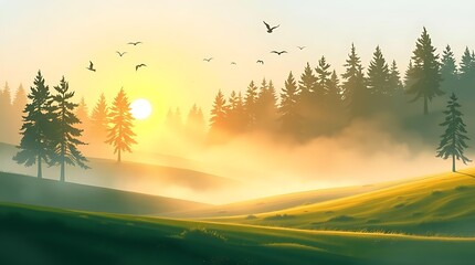 Golden sunrise bathes a tranquil forest landscape with misty light, green hills, tall pine trees, and silhouettes of birds gracefully soaring overhead in the serene sky.