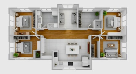 Overhead view of a detailed floor plan showcasing bedrooms, living areas, and kitchen spaces layout