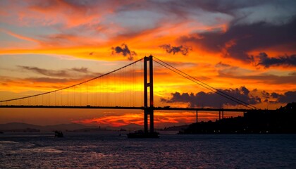 Fototapeta premium Silhouette of a bridge at sunset over water