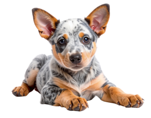 Australian Cattle Dog Puppy Lying Down with Curious Eyes and Big Ears, Transparent PNG
