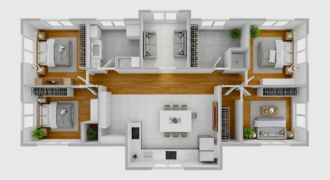 Overhead view of a detailed floor plan showcasing bedrooms, living areas, and kitchen spaces layout