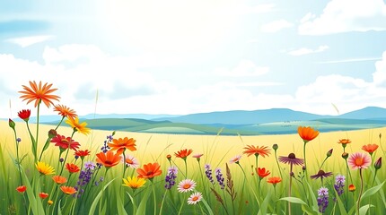 Floral meadow under a summer sky displays colorful wildflowers and green grass in a beautiful landscape scene with rolling hills in the distance creating peace.
