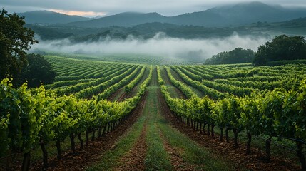 Fototapeta premium Misty Morning Vineyard Landscape With Rows Of Lush Green Vines And Rolling Hills