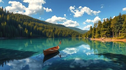 Serene alpine lake with turquoise water reflects clouds, showcasing a rowboat and a backdrop of lush pine forests under a bright blue sky in a tranquil setting.