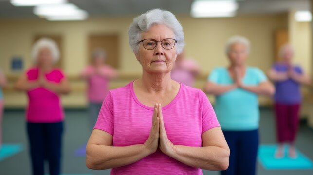 Active Seniors in Colorful Exercise Class at Vibrant Nursing Home Activity Room - Health and Fitness Lifestyle for Elderly Group