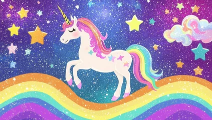 Wall murals An enchanting scene showcasing a unicorn surrounded by a dazzling rainbow glitter background.