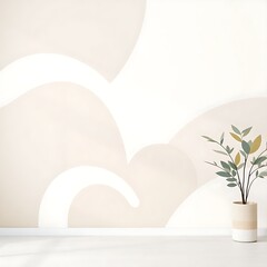Minimalist interior scene showcasing a stylish plant in a light cream pot, set against a wall featuring a soft, abstract cloud pattern for a serene ambience.