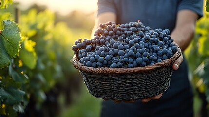 Person Holding Basket Of Ripe Dark Purple Grapes In A Vineyard At Sunset