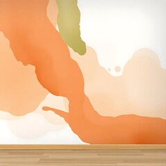 Abstract illustration showing flowing organic shapes in orange and green against a bright white background with a wooden floor for interior design concepts.