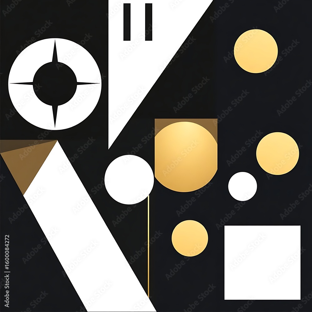 Poster elegant geometric abstraction featuring circles, triangles, squares, and lines with a balanced compo