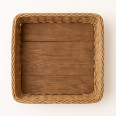 Top view of a square wicker basket with rustic wooden base. Natural materials and earthy tones captured in a flat lay on a clean white background. Ideal for farmhouse, kitchen, or market scenes.
