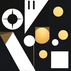 Elegant geometric abstraction featuring circles, triangles, squares, and lines with a balanced composition of black, white, and gold colors creating a modern aesthetic.