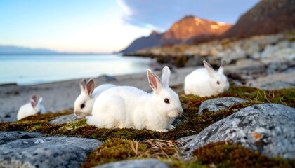 White rabbits on a rocky beach at dawn