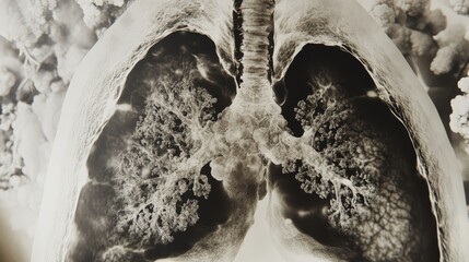 A high-resolution medical scan image showing mesothelioma in the lungs. The scan highlights abnormal tissue growth around the lung lining, with clear details of affected areas. The image is realistic,