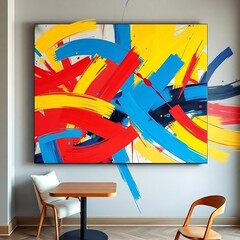 Bold brushstrokes of yellow, red, and blue paints create a vibrant abstract piece displayed above modern furniture in a stylish and contemporary room.