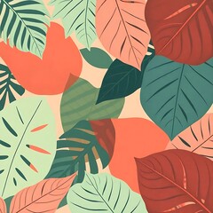 Tropical foliage artwork showcasing various leaf types in shades of green, teal, and coral on a light background, bringing a fresh, natural feel.