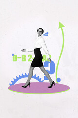 Creative mockup collage of young person worker go walk having arrows up numbers nn pastel background