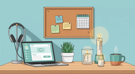 Cozy desk setup with laptop, headphones, candles, and a warm drink for productive work