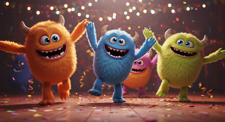 Four colorful, furry cartoon monsters dance joyfully at a monster mash. This vibrant and energetic party scene is filled with confetti and festive lights.