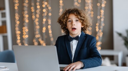 Surprised young boy in formal attire sitting at a desk with glowing laptop screen in a softly lit modern interior with copy space