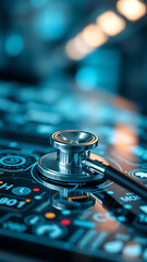 Stethoscope on futuristic digital interface showing healthcare technology and medical innovation con