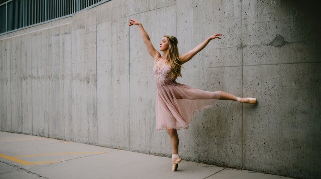 Elegant ballet dancer in blush silk slip dress performing a graceful pose against a textured concrete wall on an urban sidewalk