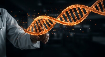 Glowing Detailed DNA Helix Structure Displayed by Doctor's Hand in Science