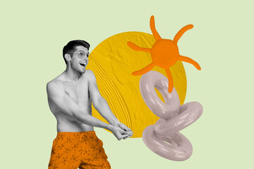 Trendy poster art collage of happy shirtless sexy man stand lifebuoy swimmer summer vacation chill...