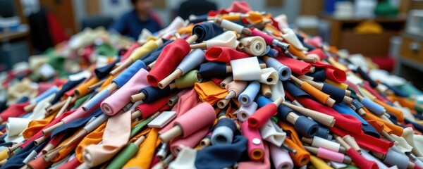 textile waste from garment factories includes fabric scraps dyed threads and synthetic blends that pile up in bins and are sometimes incinerated or repurposed
