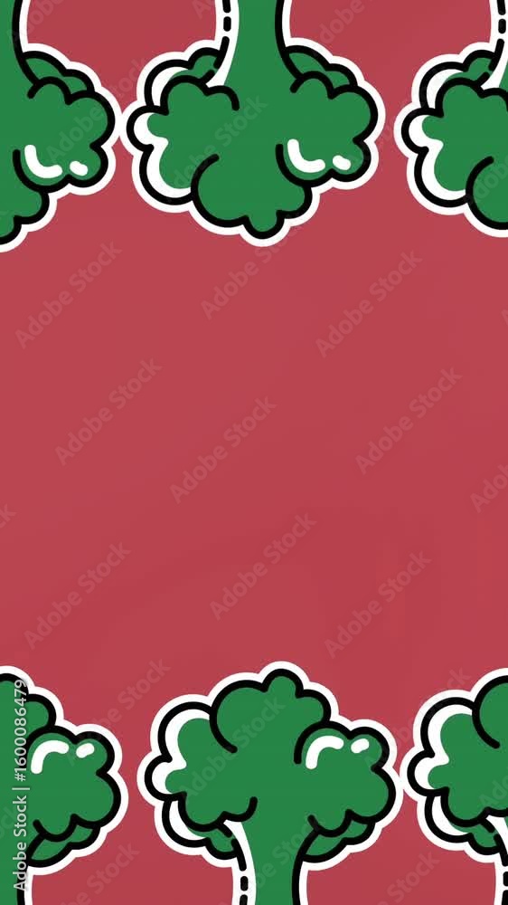 Poster animation of broccoli icons over red background