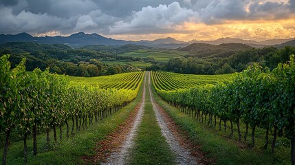Naklejka premium Rolling Hills Vineyard Landscape at Sunset, Dirt Path Through Rows of Vines Under Dramatic Sky
