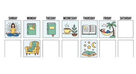 Weekly planner with icons for relaxation reading and self-care activities