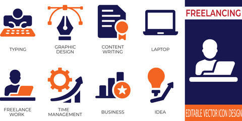 Minimal freelancing vector icon set featuring laptop, graphic design, content writing, typing, gig, and idea symbols for creative professionals, business, and productivity projects.