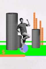 Poster magazine collage of work having make winning aim stack coin on pastel color background
