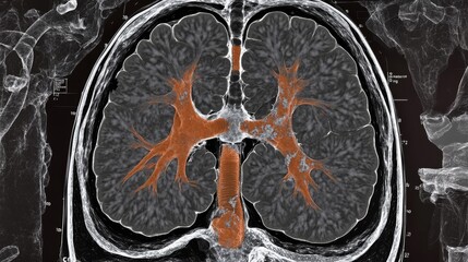 A high-resolution medical scan image showing mesothelioma in the lungs. The scan highlights abnormal tissue growth around the lung lining, with clear details of affected areas. The image is realistic,