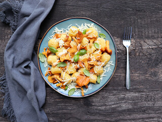 Italian homemade fresh gnocchi with wild  chanterelle mushrooms